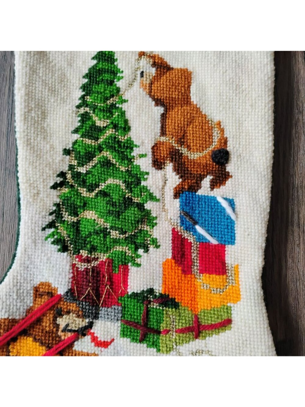 Vintage Handmade Needlepoint Christmas Stockings Set Of 2 Santa & Bear Trimming - Picture 5 of 11